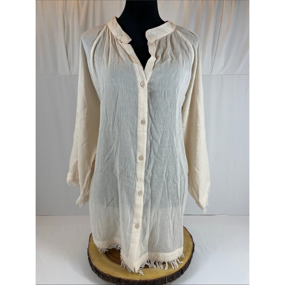 Sanctuary Fringe Tunic Blouse Ivory Cotton Rayon Bell Sleeve XL Boho Coastal